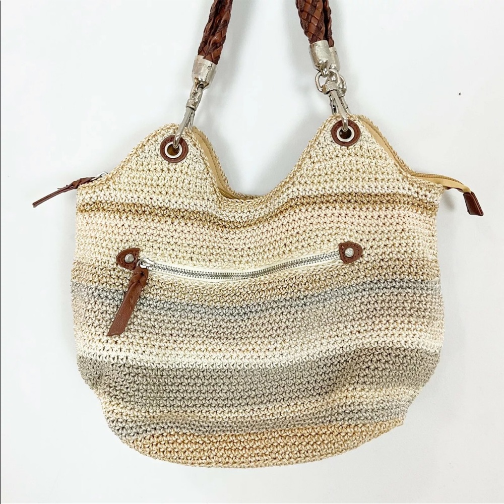 The Sak Neutral Striped Crochet Shoulder Bag Purse - Picture 2 of 5